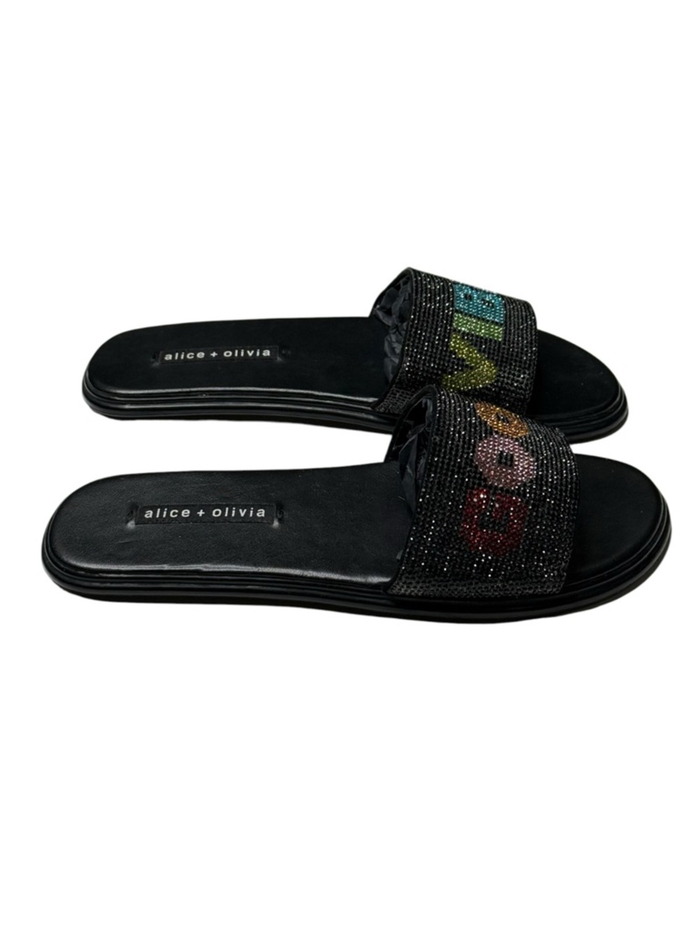 HTF: Alice + Olivia 𖦹 Tatum Good Vibes Slide Crystal Sandals 𖦹 Black 𖦹 7.5M 𖦹 - Picture 2 of 16